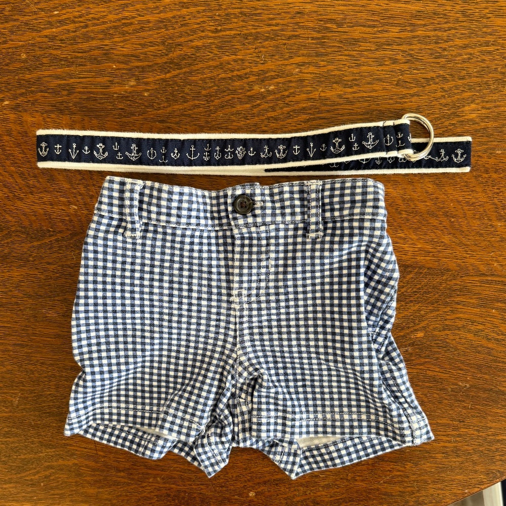 POLO Baby Blue Gingham Shorts with Nautical Belt, SIZE 9M